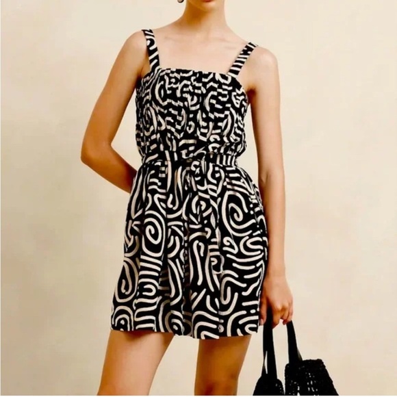Banana Republic Drapey Linen-Blend Mini Dress Swirl Abstract Black Beige M - Picture 1 of 8